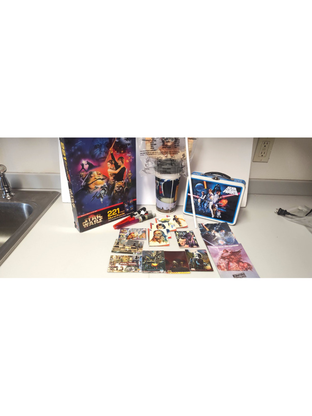 Star Wars Vintage Collector Lot Lunch Box Galaxy Cards Puzzle Postcards Pens Cup